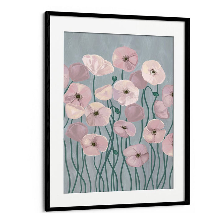 Delicate LIGHT POPPIES, FLORAL FLOWER PAINTINGS in a framed design, perfect for adding elegance to any space.