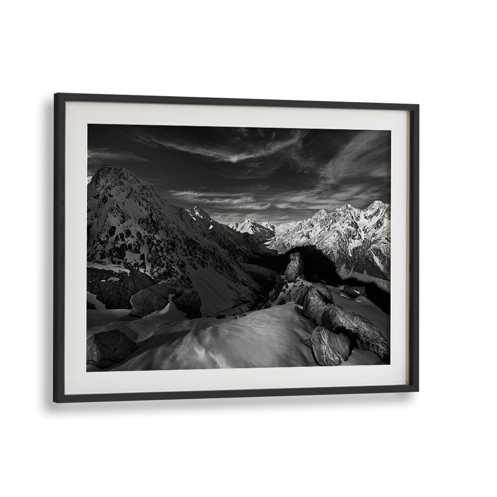 Stunning SPECTRUM OF LIGHT, PHOTOGRAPHY PRINTS showcasing breathtaking mountain landscapes in black and white.
