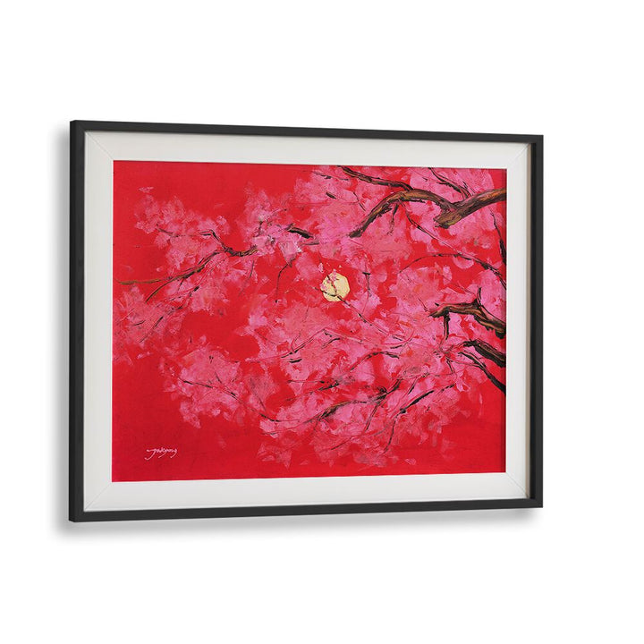 Vibrant REDMOON, FLORAL FLOWER PAINTINGS featuring pink blossoms against a striking red background. Perfect for home decor.