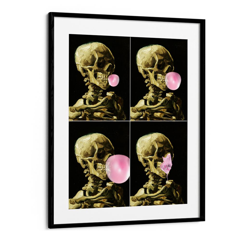 Skull Gum Explosion, altered art prints by Dikhotomy, showcasing a skeleton blowing pink bubble gum in a unique design.