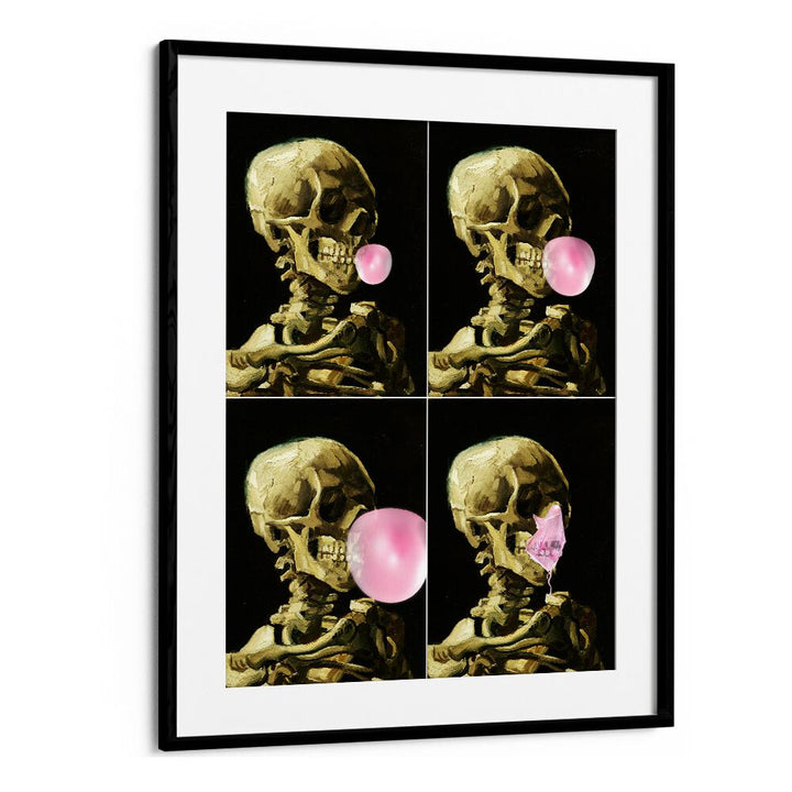 Skull Gum Explosion, altered art prints by Dikhotomy, showcasing a skeleton blowing pink bubble gum in a unique design.