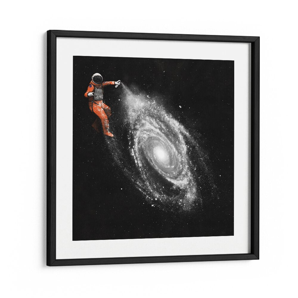 Explore captivating SPACE ART, SURREAL ART PRINTS featuring an astronaut amidst a swirling galaxy by Florent Bodart.