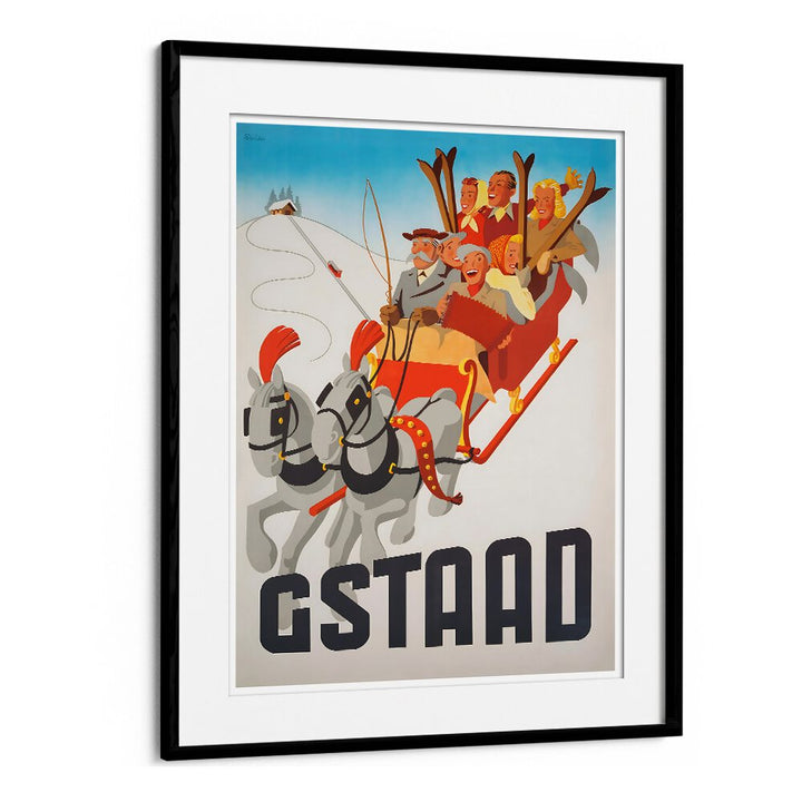 GSTAAD, VINTAGE TRAVEL POSTERS showcase a joyful sleigh ride through the Swiss Alps, perfect for any home decor.