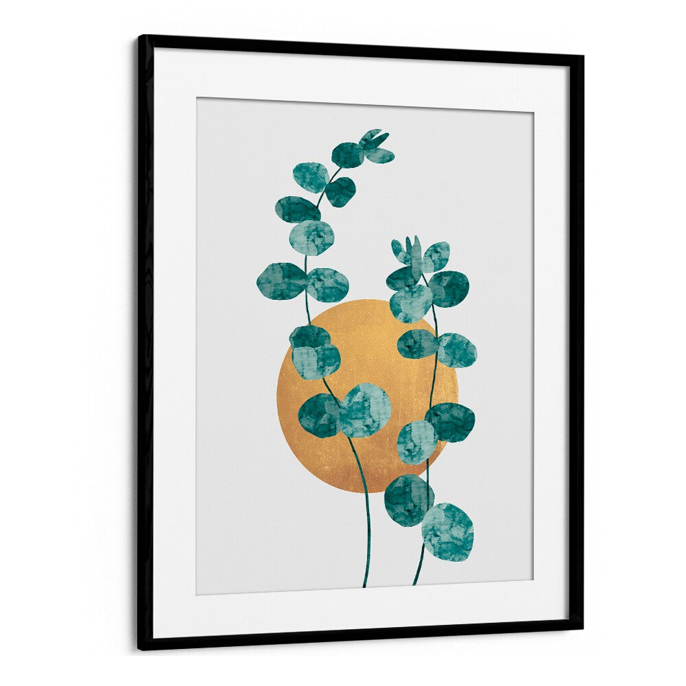 Watercolor LEAVES III, FLORAL FLOWER PAINTINGS, showcases vibrant leaves against a golden circle, perfect for any space.