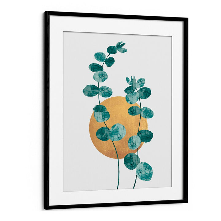 Watercolor LEAVES III, FLORAL FLOWER PAINTINGS, showcases vibrant leaves against a golden circle, perfect for any space.