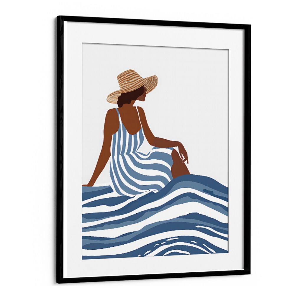Stunning GIRL IN STRIPED DRESS, PORTRAITS illustration featuring a chic design and vibrant colors against gentle waves.