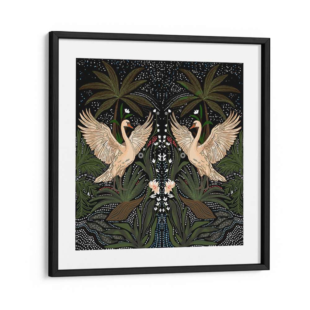 Elegant SWAN DANCE, FLORAL FLOWER PAINTINGS featuring graceful swans and lush foliage, perfect for any serene space.