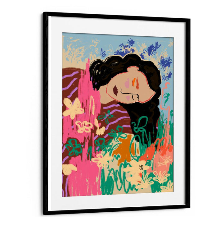Vibrant art print featuring a serene figure amidst colorful flowers, evoking a sense of DAY DREAMING, VIBRANT energy.