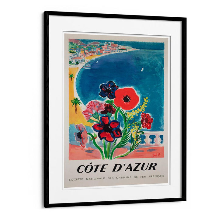 COTE D'AZUR, VINTAGE TRAVEL POSTERS showcase vibrant flowers and idyllic seaside views of the French Riviera.