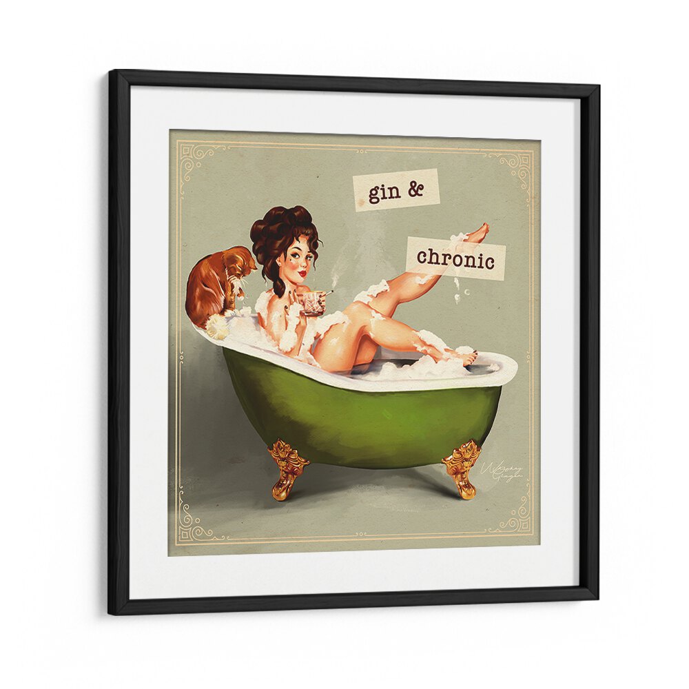 Elegant GIN AND CHRONIC, PORTRAITS artwork featuring a woman in a bathtub, showcasing bold artistic expression.