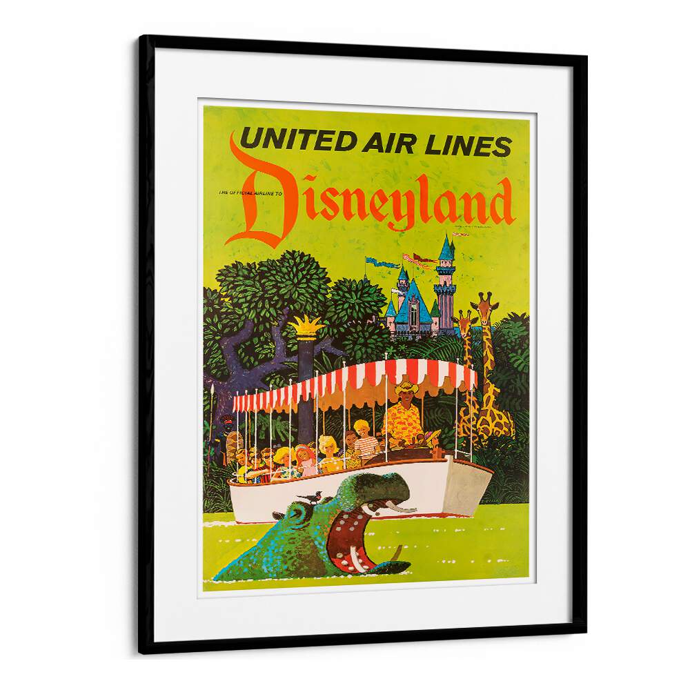 Colorful Disneyland vintage travel poster featuring whimsical scenes, perfect for nostalgic decor in any home.