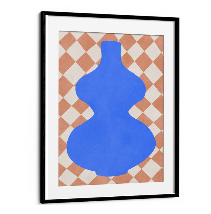 Bold blue vase design against a checkered background, perfect for adding flair with TRIBAL SHAPES VI, GEOMETRIC ART PRINTS.