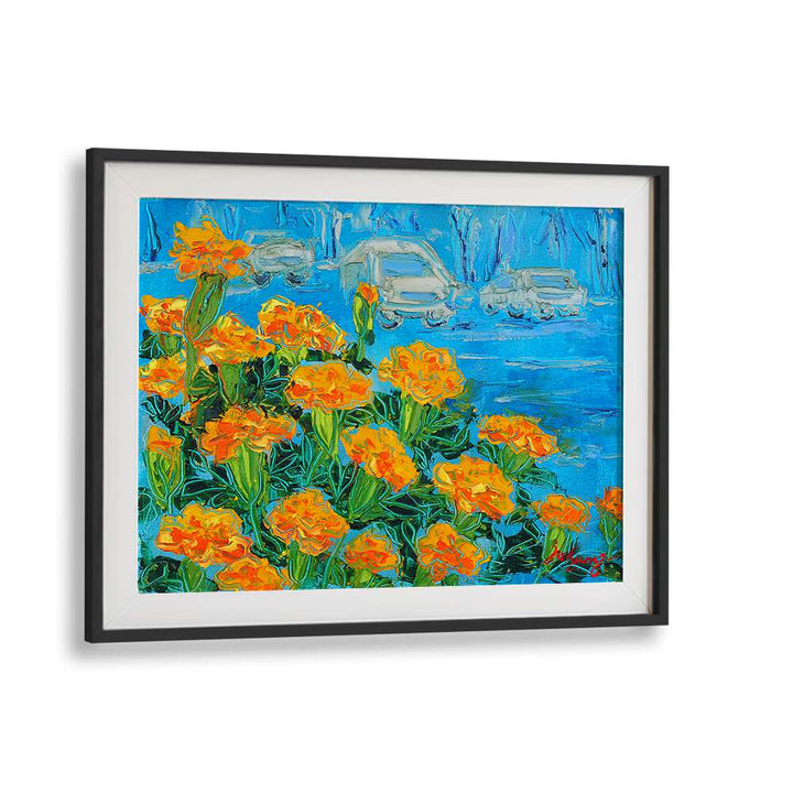 Vibrant MARIGOID CANVAS, FLORAL FLOWER PAINTINGS feature bold marigolds against a blue background, perfect for any decor.