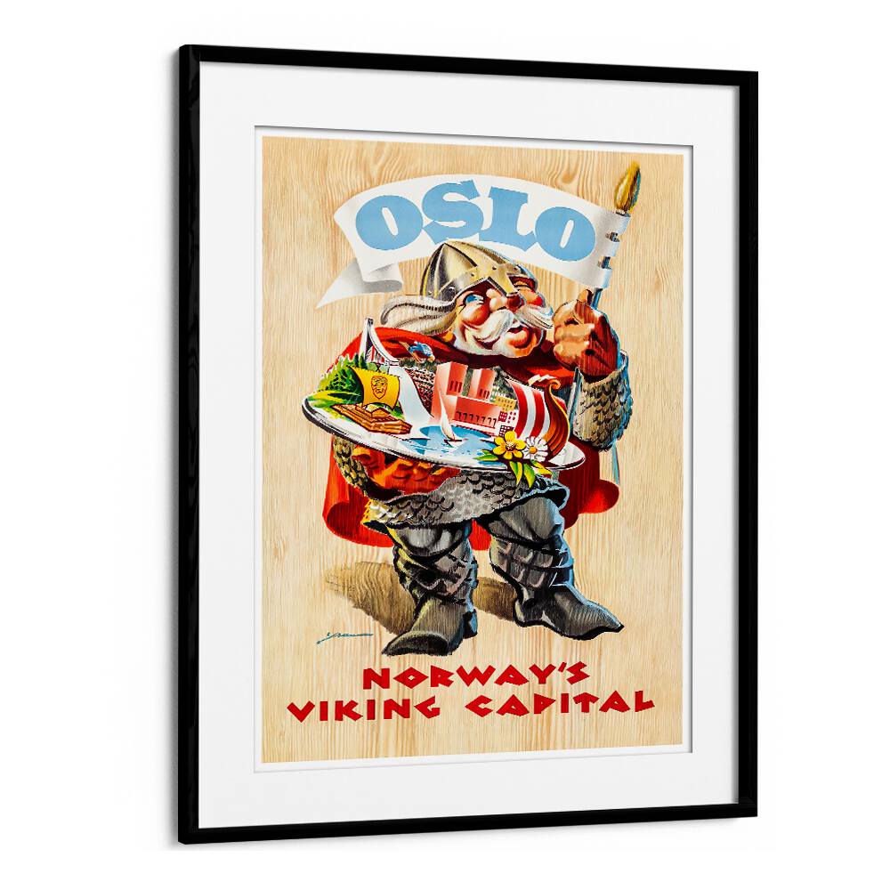 OSLO, VINTAGE TRAVEL POSTERS featuring a whimsical Viking character celebrating Norway's charm and culture.