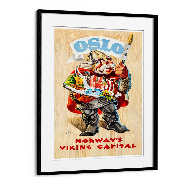 OSLO, VINTAGE TRAVEL POSTERS featuring a whimsical Viking character celebrating Norway's charm and culture.