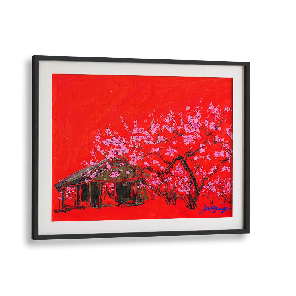 Vibrant PEACH BLOSSOM CANVAS, FLORAL FLOWER PAINTINGS showcasing pink blossoms against a striking red background.