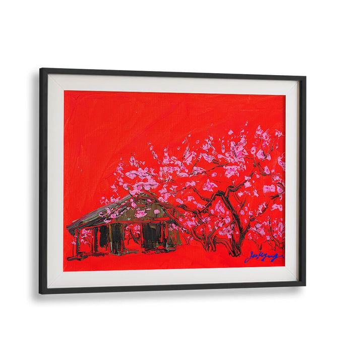 Vibrant PEACH BLOSSOM CANVAS, FLORAL FLOWER PAINTINGS showcasing pink blossoms against a striking red background.