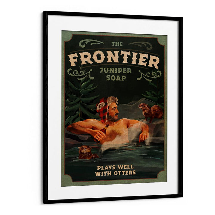 FRONTIER MAN WITH OTTERS, BAR art print showcases outdoor adventure with playful otters and a rugged vibe.
