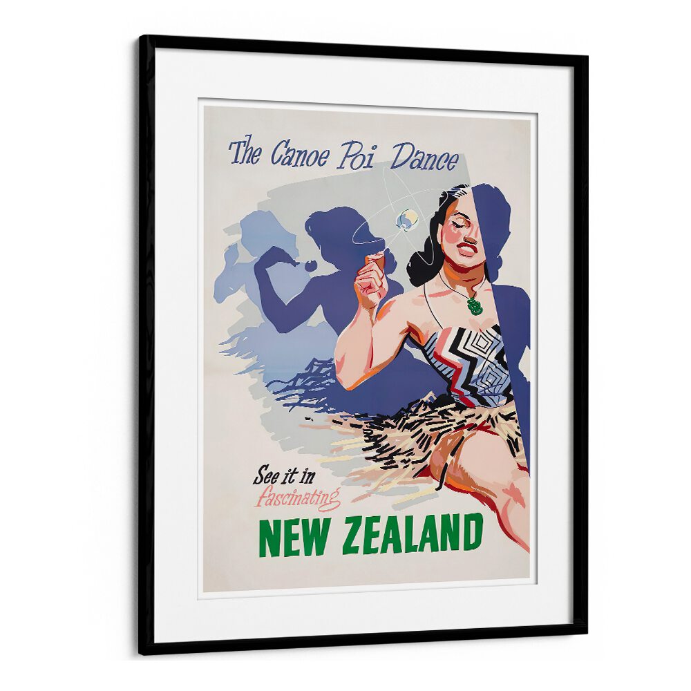 Explore the vibrant Canoe Poi Dance showcased in NEW ZEALAND III, VINTAGE TRAVEL POSTERS for travel enthusiasts.