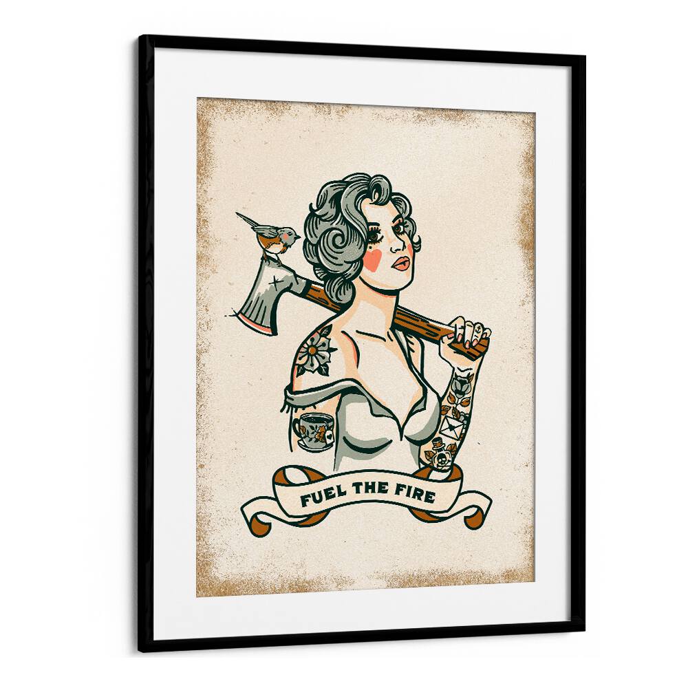Stylish woman holding an axe, embodying strength in "FUEL THE FIRE, PORTRAITS" illustration collection.