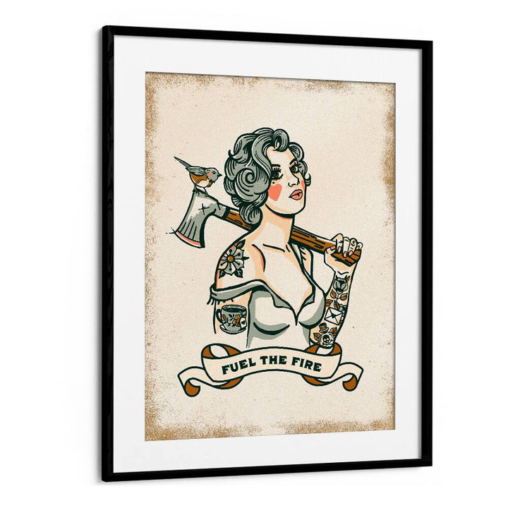 Stylish woman holding an axe, embodying strength in "FUEL THE FIRE, PORTRAITS" illustration collection.