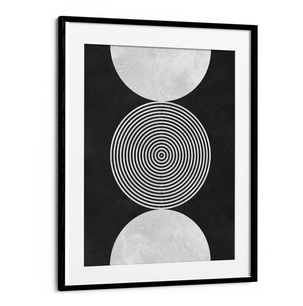 Captivating BLACK BACKGROUND VII, GEOMETRIC ART PRINTS showcasing colorful circles on a deep black backdrop.