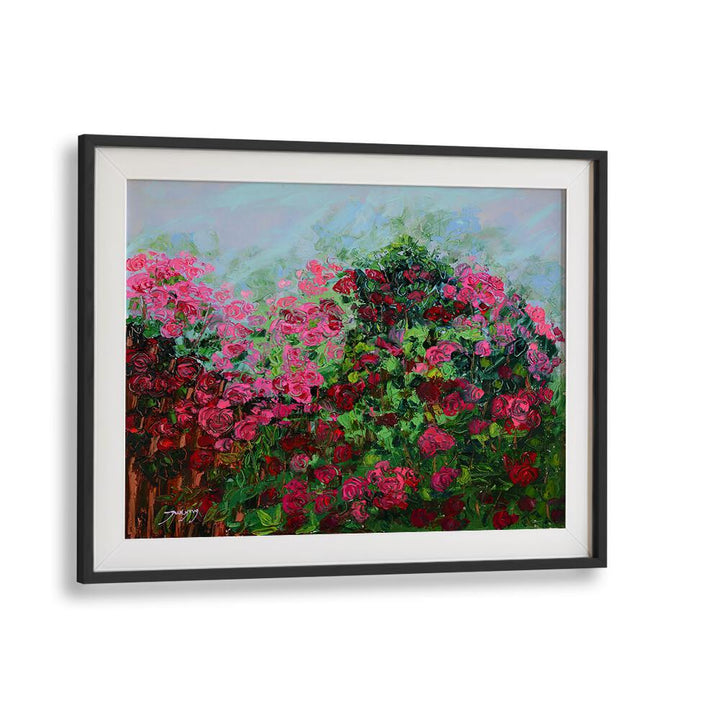 Vibrant GARDEN OF PINK, FLORAL FLOWER PAINTINGS showcasing lush pink roses and greenery in a stylish frame.