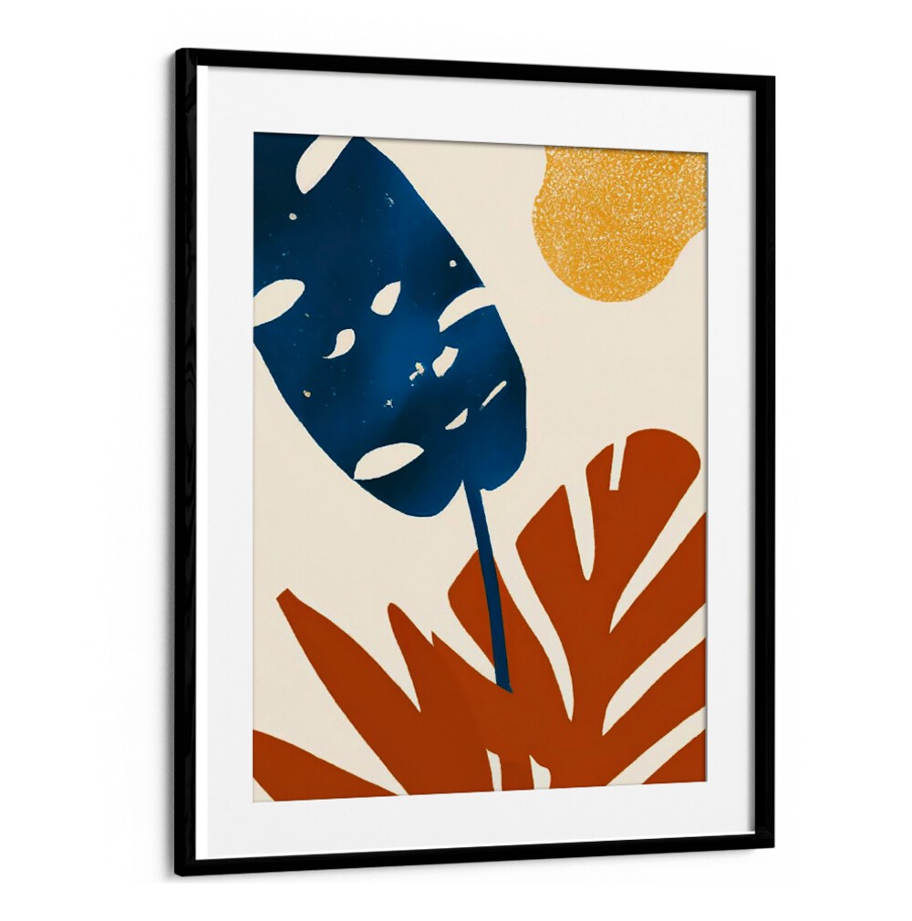 PRIMARY PALMS , FLORAL FLOWER PAINTINGS with bold blue and rust leaves and golden sun by Blackmount Home Decor.