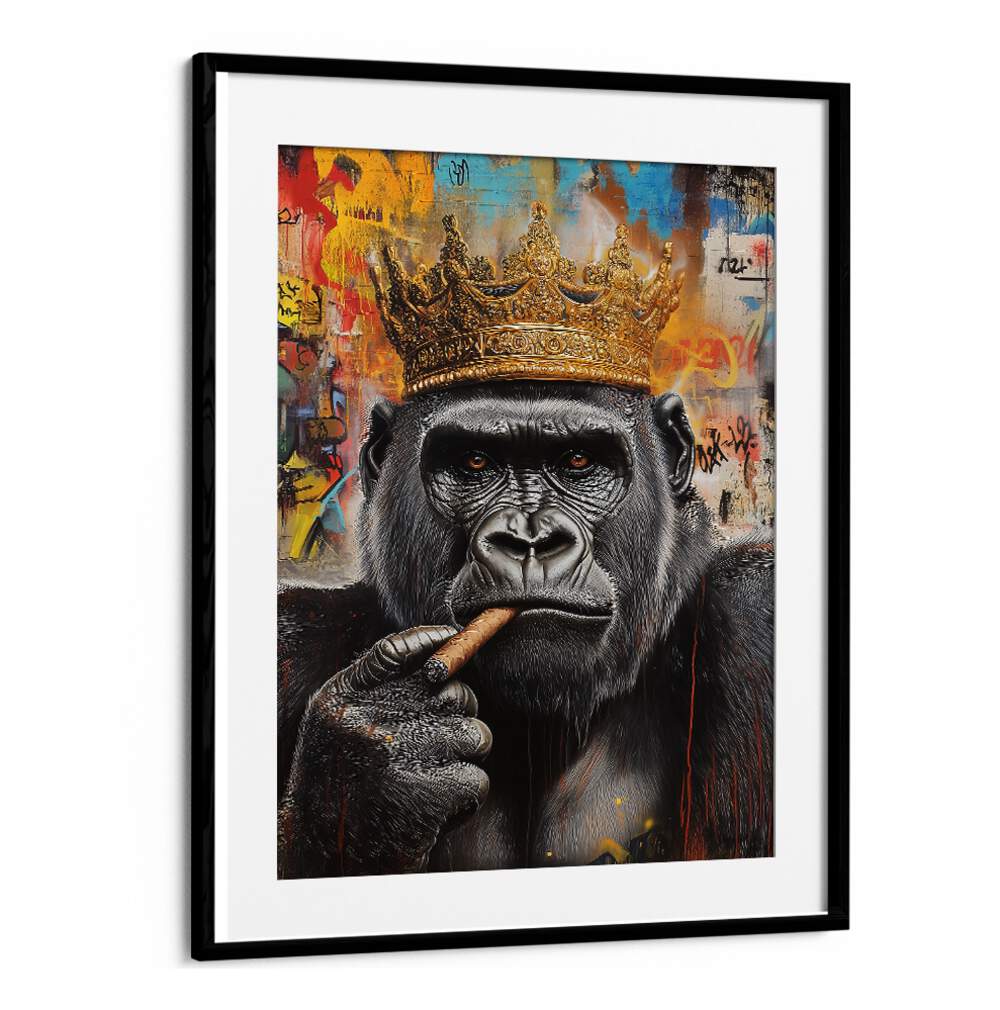 Majestic gorilla with a crown and cigar, featured in THE GORILLA KING, ALTERED ART PRINTS for unique decor.