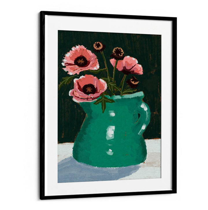 LITTLE GREEN JUG WITH POPPIES, FLORAL FLOWER PAINTINGS showcases vibrant blooms in a charming green pitcher.
