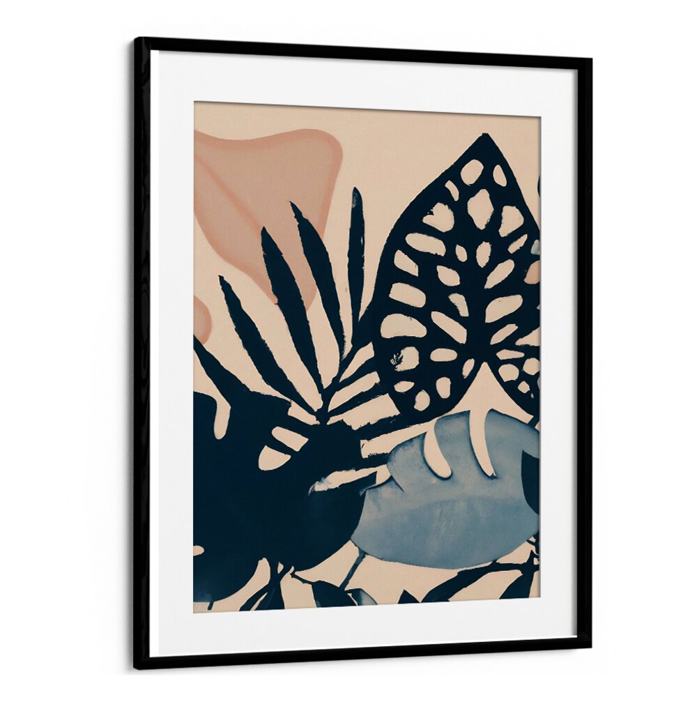 POWDER PINK LEAVES , FLORAL FLOWER PAINTINGS featuring delicate pink petals and dark blue leaves in a modern black frame