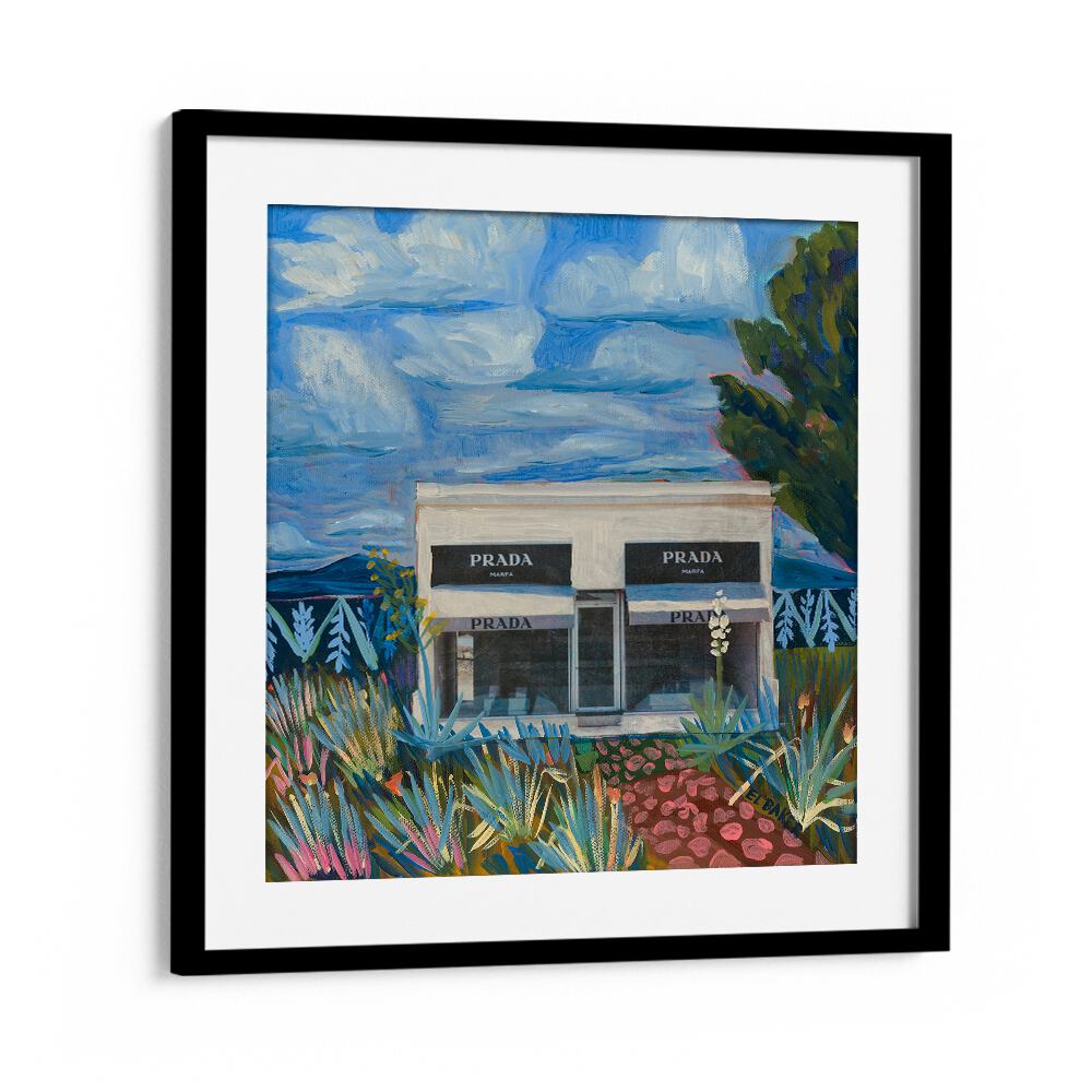 Enchanting PRADA GARDEN, FASHION POSTERS artwork featuring a stylish storefront amidst vibrant greenery.