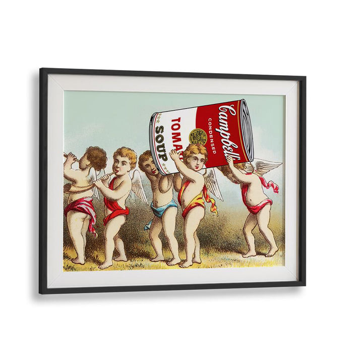 Whimsical WE HAVE A SNACK, ALTERED ART PRINTS by Dikhotomy, showcasing angels with a soup can, perfect for food lovers.