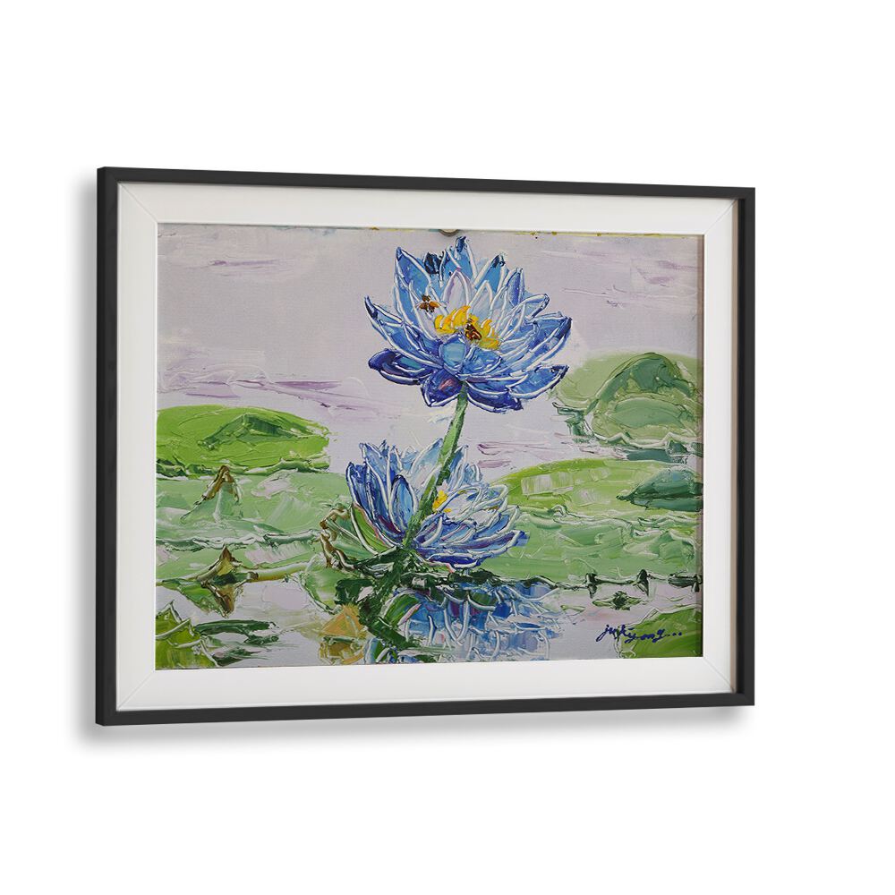 Stunning LOTUS FLOWER CANVAS, FLORAL FLOWER PAINTINGS showcasing vibrant blue blooms on serene water lily pads.