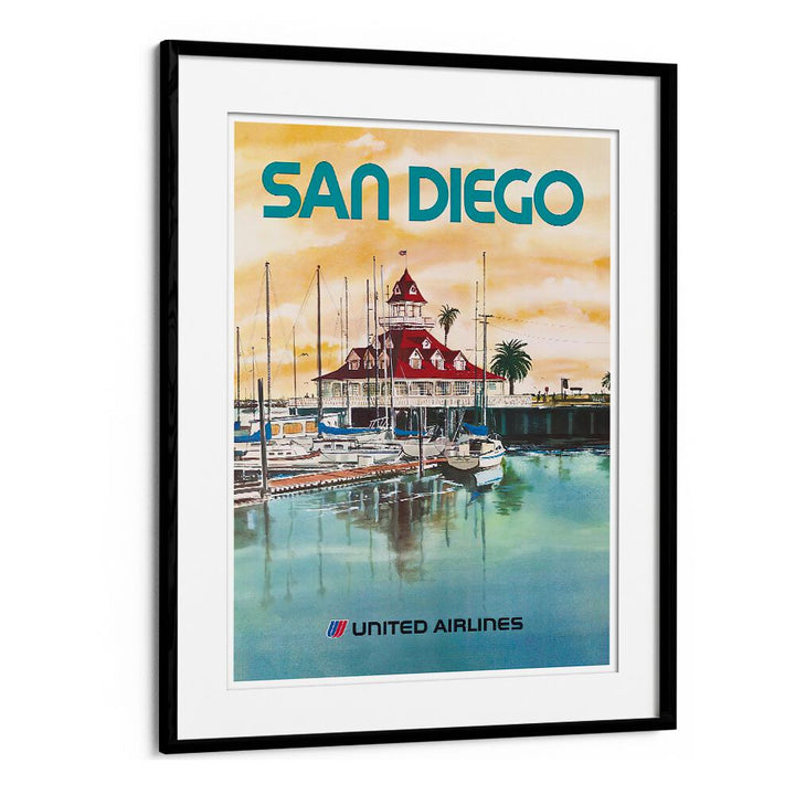 Framed SAN DIEGO, VINTAGE TRAVEL POSTERS showcasing the iconic waterfront scene, perfect for home or office decor.