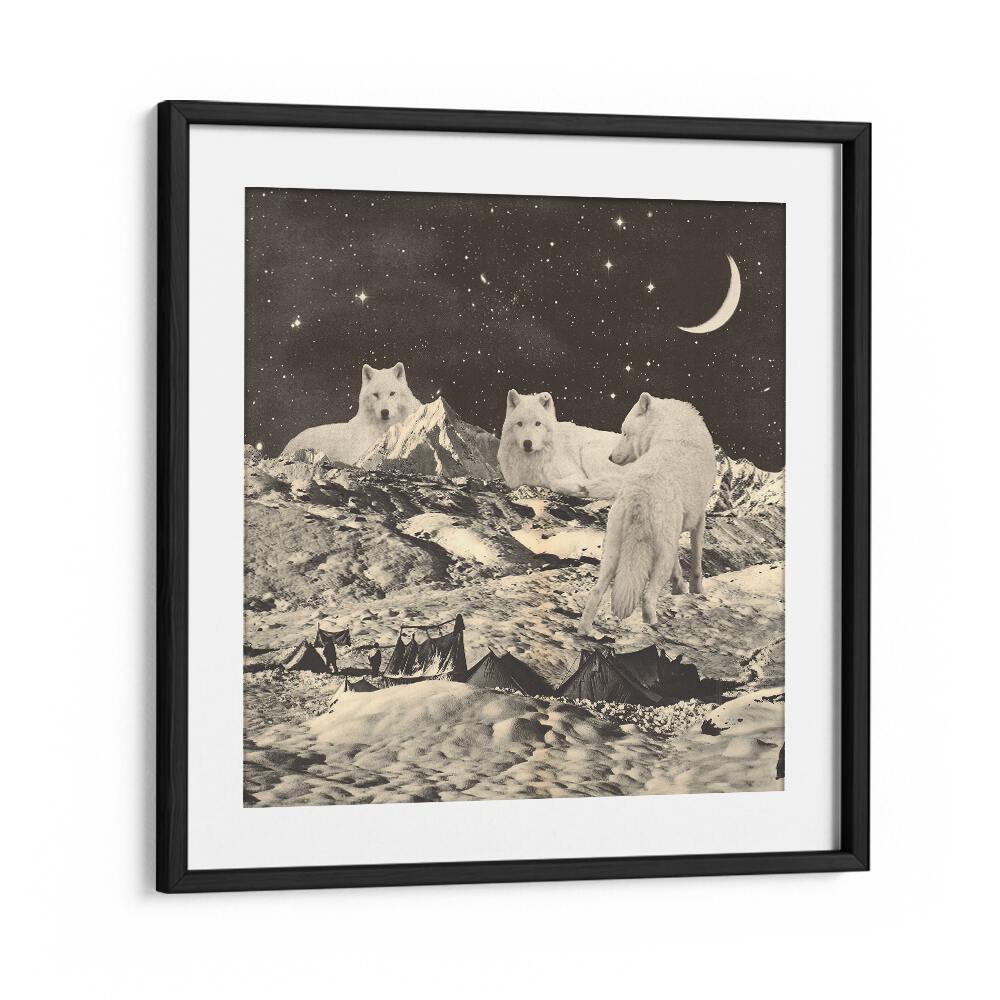 Majestic giant white wolves in a surreal landscape, perfect for art lovers seeking unique surreal art prints.