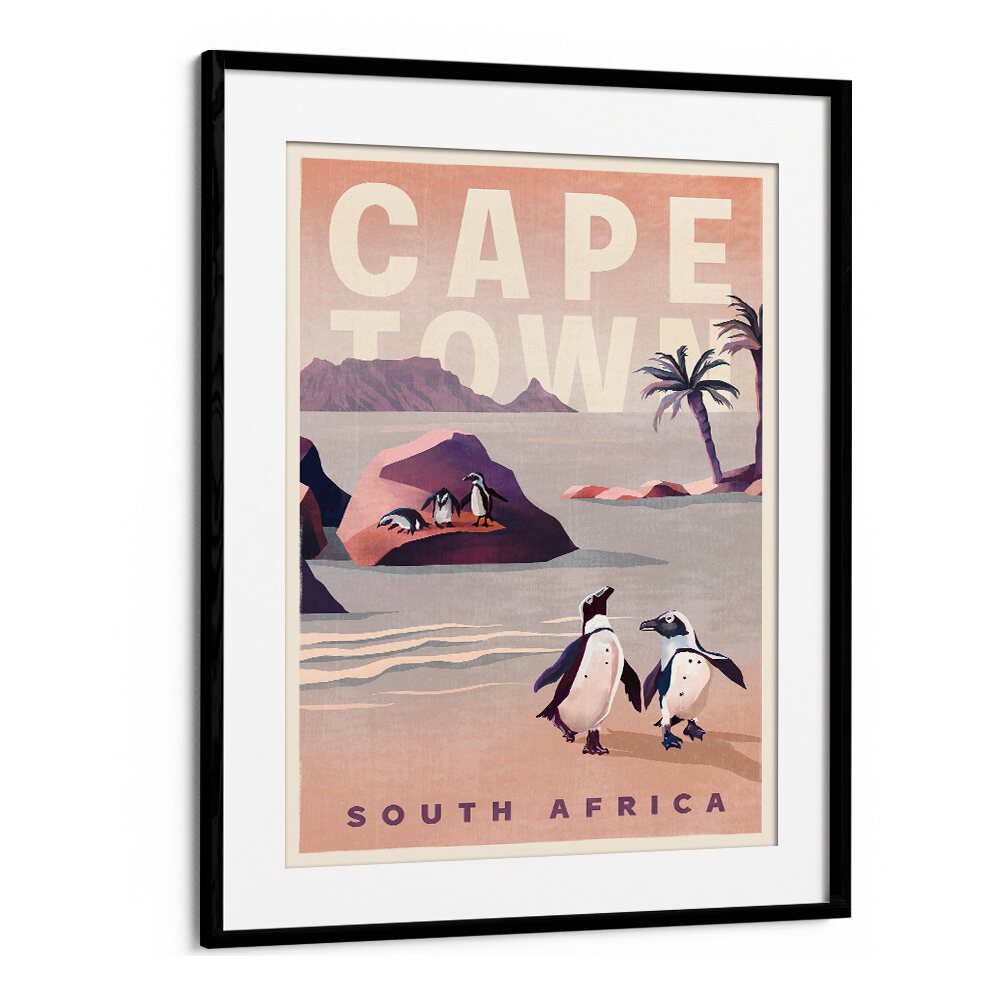 Vintage travel poster showcasing Cape Town, South Africa, featuring penguins and scenic coastal landscapes.