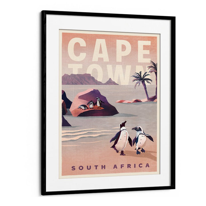Vintage travel poster showcasing Cape Town, South Africa, featuring penguins and scenic coastal landscapes.