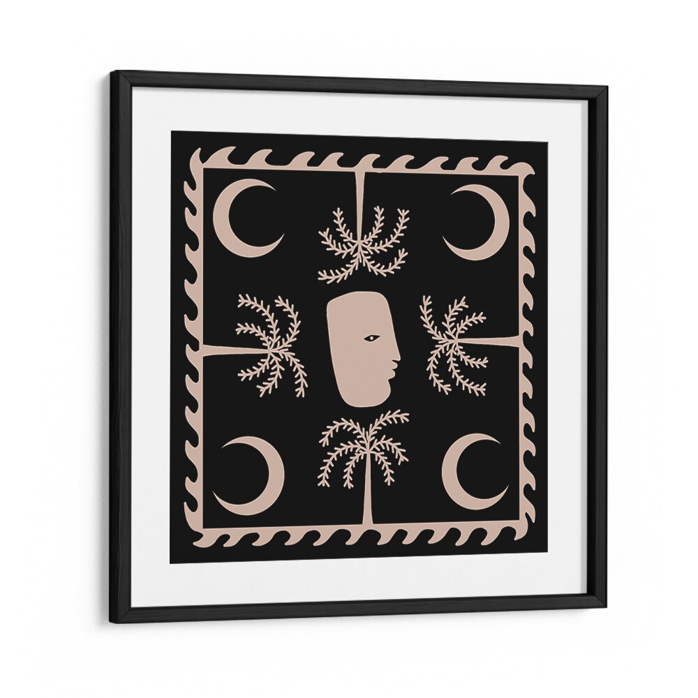 Elegant CELESTIAL I, BOHO ART PAINTINGS featuring a unique design with moons and palm trees in a striking frame.
