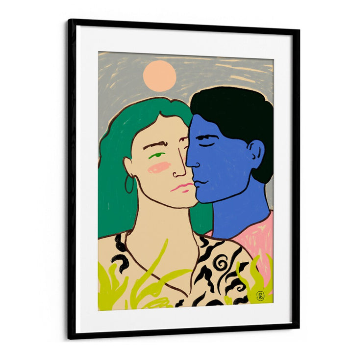 Vibrant art print titled LOVERS UNDER THE MOON, showcasing a couple under a moonlit sky, perfect for creative spaces.