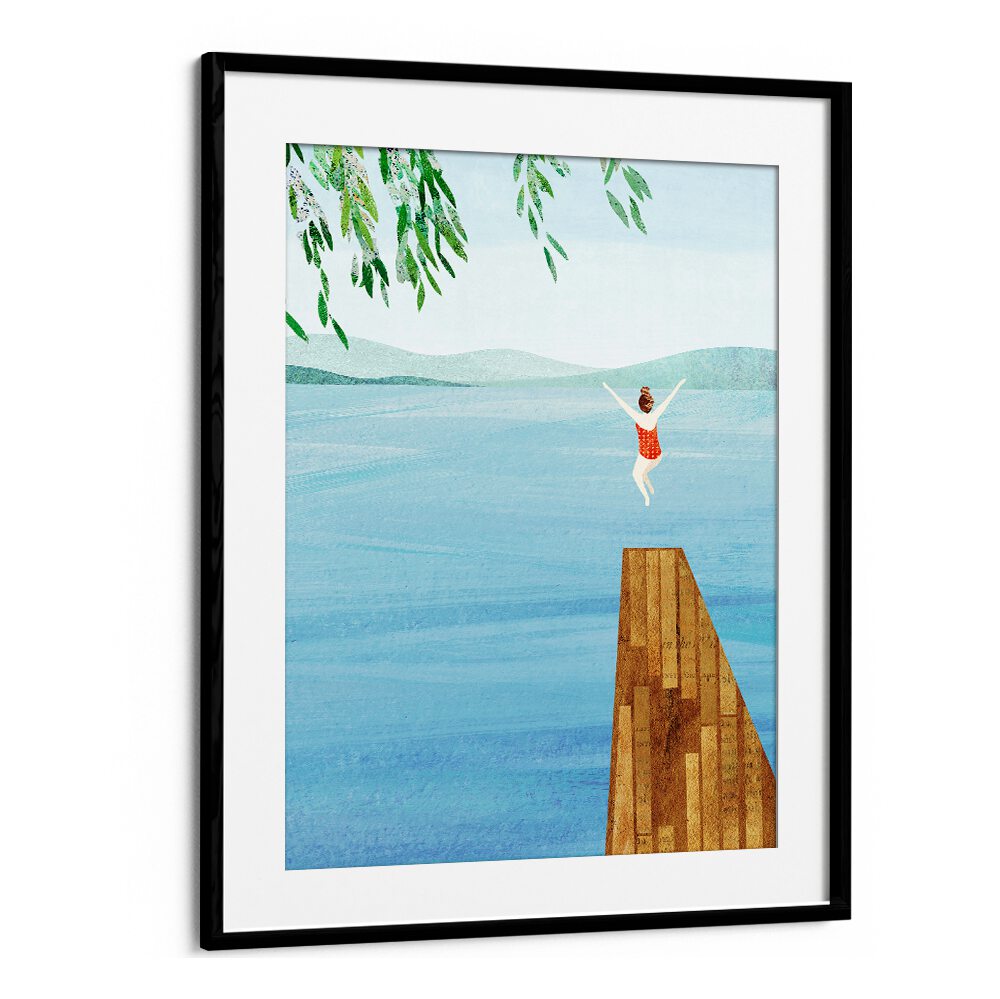 WILD, VIBRANT art print showcasing a joyful figure diving into blue water, perfect for energizing your space.