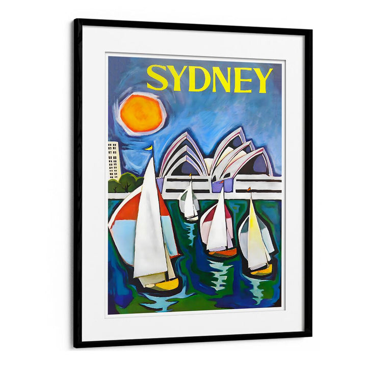Bright and colorful SYDNEY, VINTAGE TRAVEL POSTERS featuring iconic sails and a vibrant sun, perfect for home decor.