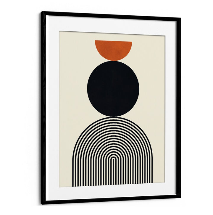 Framed LINES AND CIRCLES III, BOHO ART PAINTINGS featuring geometric designs in black and orange, perfect for modern decor.