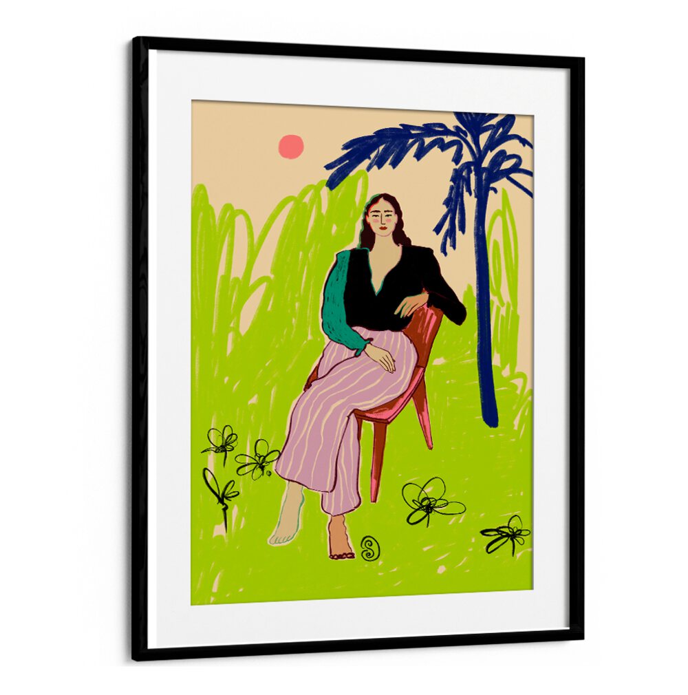 Vibrant art print featuring a relaxed woman sitting gracefully, perfect for adding color to your space.