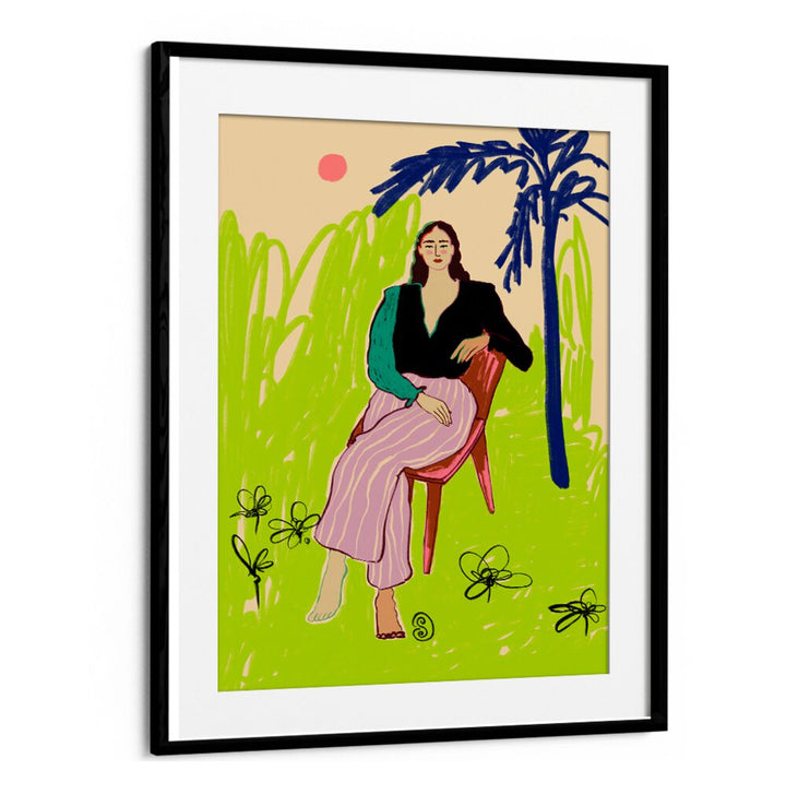Vibrant art print featuring a relaxed woman sitting gracefully, perfect for adding color to your space.