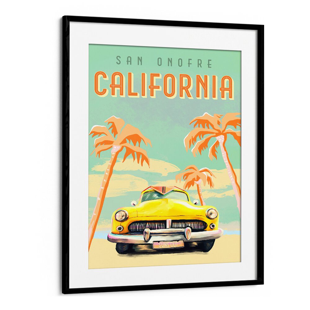 Bright California Surf travel poster featuring a vintage yellow car and palm trees, ideal for beach lovers and adventurers.