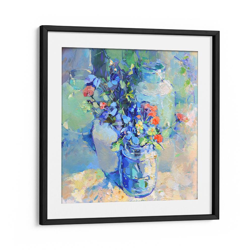 Vibrant WILD FLOWERS in a blue jar, perfect for enhancing home decor with FLORAL FLOWER PAINTINGS elegance.