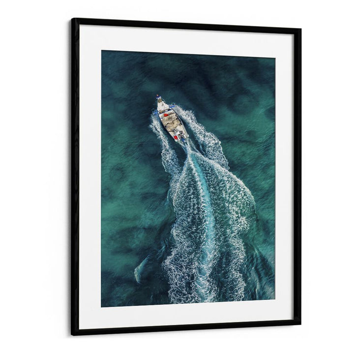 Stunning AERIAL PURSUIT, PHOTOGRAPHY PRINTS showcasing a boat's wake in vibrant blue waters. Perfect for any art lover!
