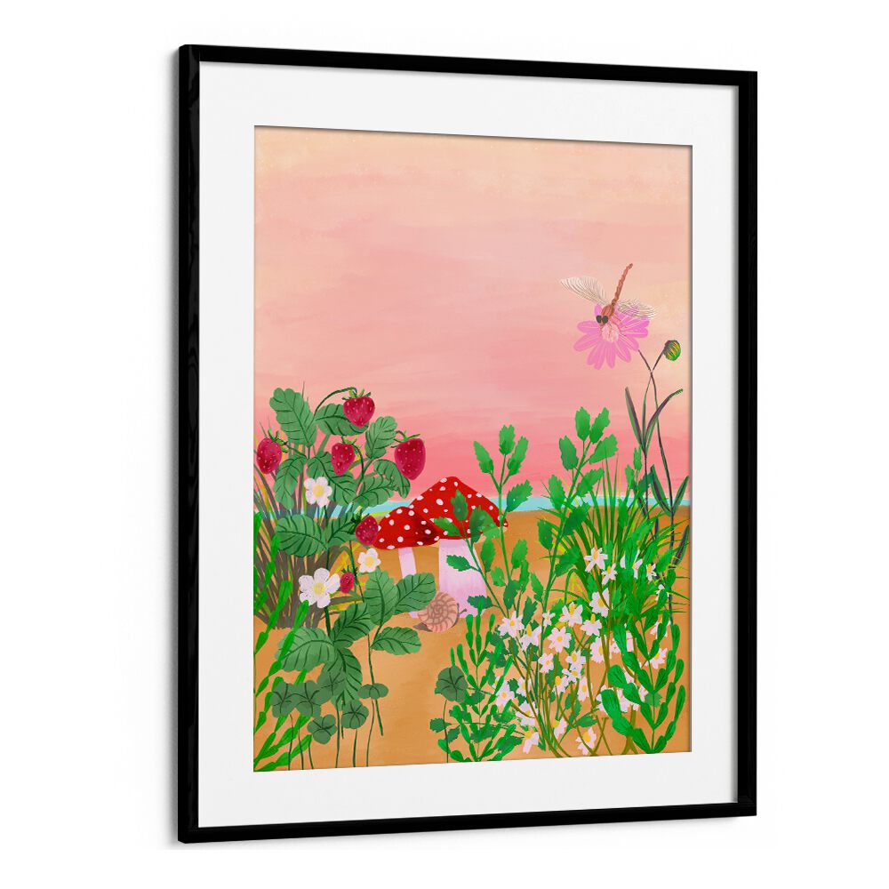 Vibrant WILD STRAWBERRY TRAIL, FLORAL FLOWER PAINTINGS showcasing colorful flowers and strawberries against a pink backdrop.