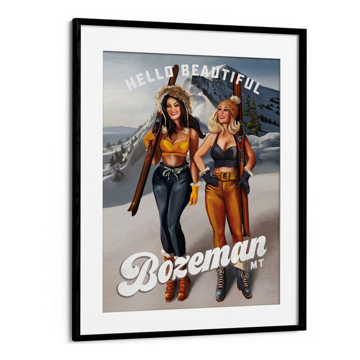 Vibrant Bozeman ski pinup girls illustration featuring "HELLO BEAUTIFUL, PORTRAITS" in a winter setting.